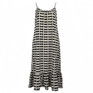 Bel Kazan Bow Print Maxi Dress Black White Ruffle Hem Boho Resort large